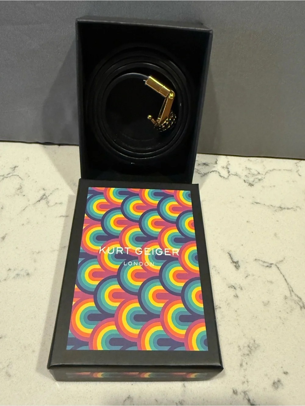 Kurt Geiger Metallic Black-Brown Leather Belt with Gold Bird-Head Buckle